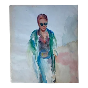 Vintage Expressionist Figurative Watercolor Painting of a Stylish Woman, Circa 1980’s