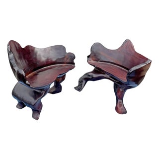 Pair of Vintage Hand Carved Raw Wood Chairs Seating For Sale