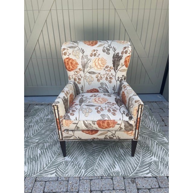 Traditional Hickory Chair Floral Coral Taupe Wingback Accent Chair For Sale - Image 3 of 7