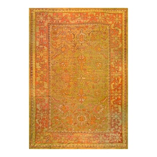 Impressive Chartreuse Ground With Symmetrical Pattern Antique Turkish Oushak Rug For Sale