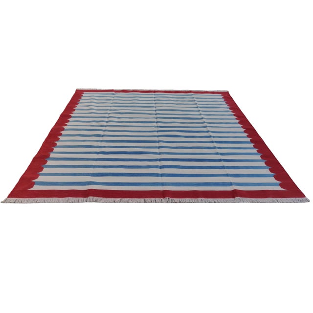 Handmade Cotton Area Rug, Natural Vegetable Dyed, Blue and White Red Border Striped Dhurrie -9'x12' For Sale - Image 9 of 10
