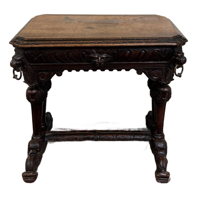 Antique French Dolphin Table Desk Renaissance Revival Petite Drawer Oak c.1890s For Sale