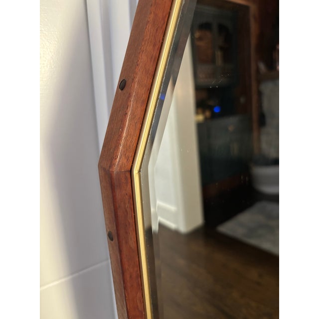 Brass Teak Wood With Brass Trim Bevel Wall Mirror, Elongated Hexagon Shape,mid-Century Modern Style For Sale - Image 8 of 9