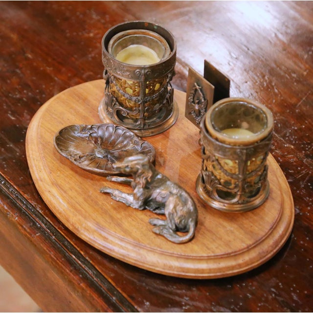 Early 20th Century French Spelter and Walnut Desk Garniture Set For Sale - Image 4 of 7