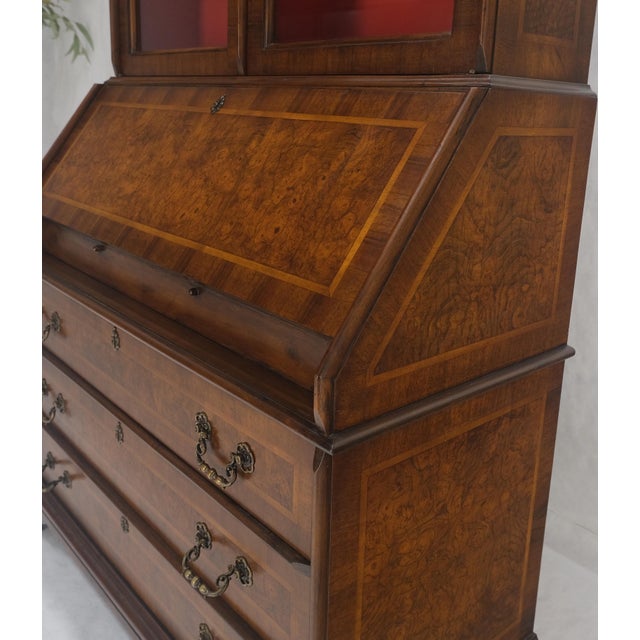 Double Bonnet Dome Top Burl Wood 3 Drawer Drop Front Secretary Desk 1900s Clean! For Sale - Image 9 of 17