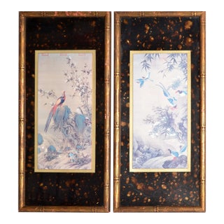 Mid 20th Century Marked Asian Paintings Chinoiserie Prints Pheasant Scene Gilt Faux Bamboo Custom Framed - Set of 2 For Sale