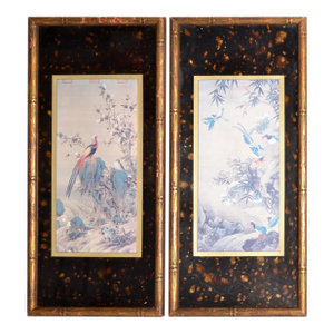 Mid 20th Century Marked Asian Paintings Chinoiserie Prints Pheasant Scene Gilt Faux Bamboo Custom Framed - Set of 2