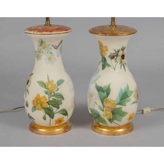 Charming, highly decorative pair of Decalcomania glass reverse painted baluster form vases decorated throughout with...
