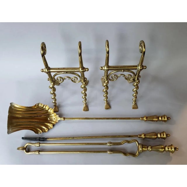 Antique French Brass Fireplace Tools With Firedogs - 5 Piece Set For Sale - Image 4 of 10