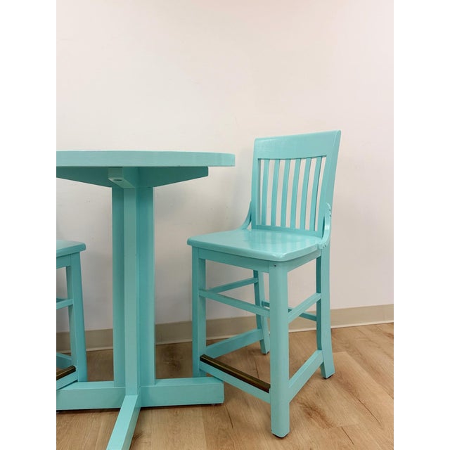 Wood Vintage Bistro Set Turquoise Blue Counter Height Table Two Chairs Outdoor/Indoor For Sale - Image 7 of 16