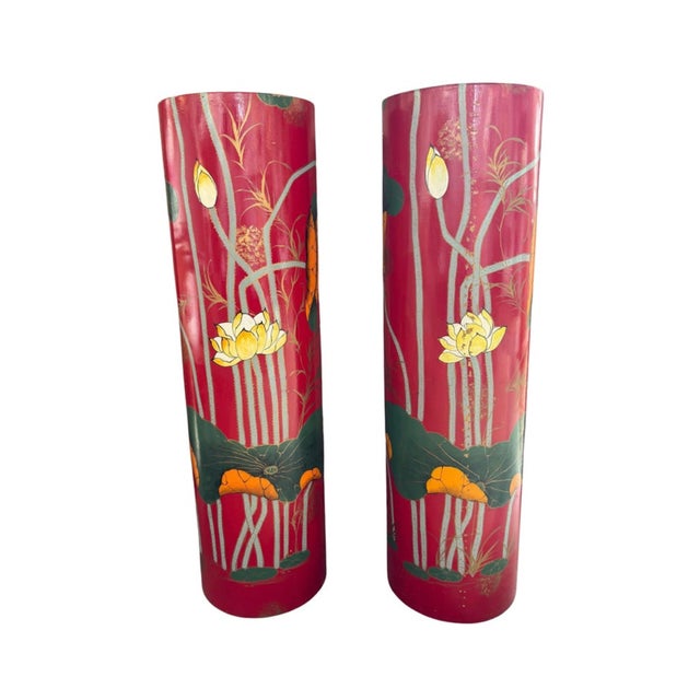 Vintage Painted Red Chinoiserie Pedestals , a Pair For Sale - Image 6 of 8