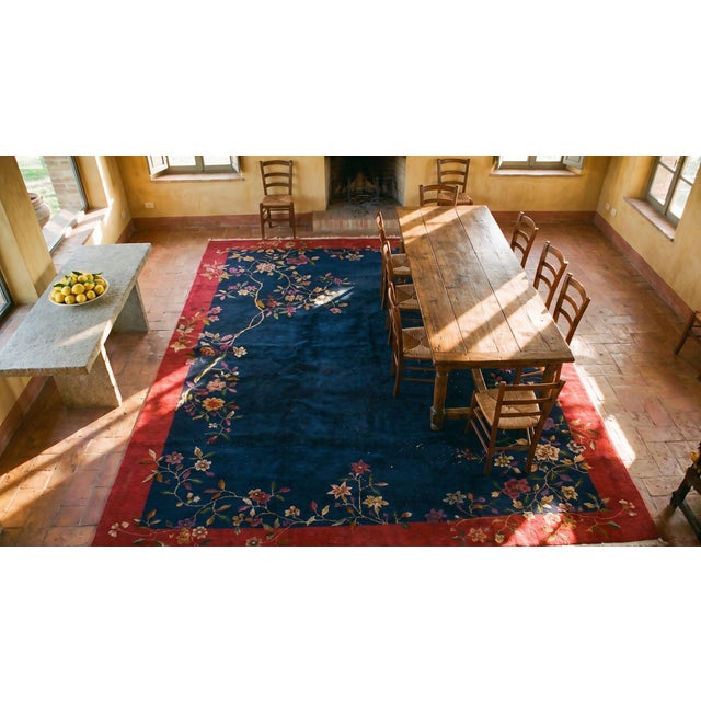 1920s Navy Blue Floral Antique Chinese Art Deco Carpet 7' 10'' X 9' 7'' Knotted Pile Wool Rug For Sale - Image 13 of 15