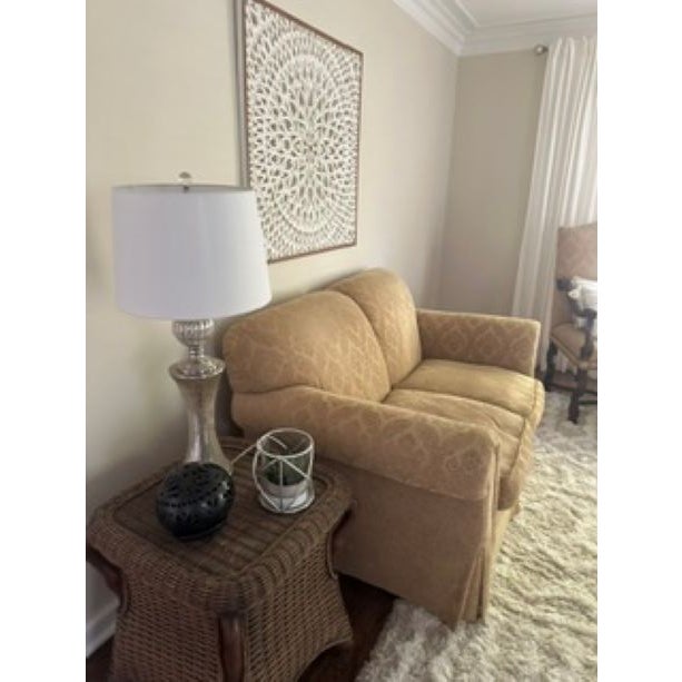 Textile Sherrill Traditional Rolled-Arm Damask Loveseat For Sale - Image 7 of 8