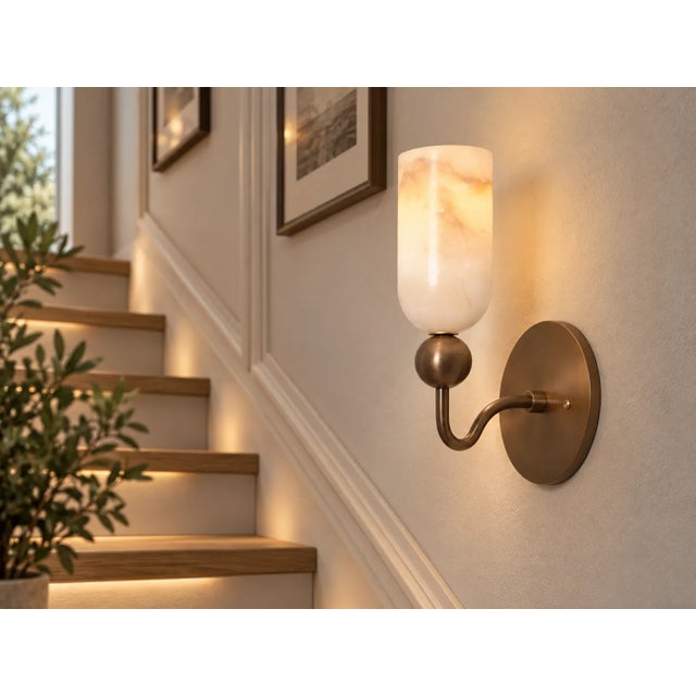 Contemporary Handcrafted Brass Wall Sconce With Natural Alabaster Cylinder Shade For Sale - Image 3 of 9