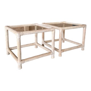 1980’s Coastal PostModern Cerused Twist Pencil Rattan Side Tables-Pair For Sale