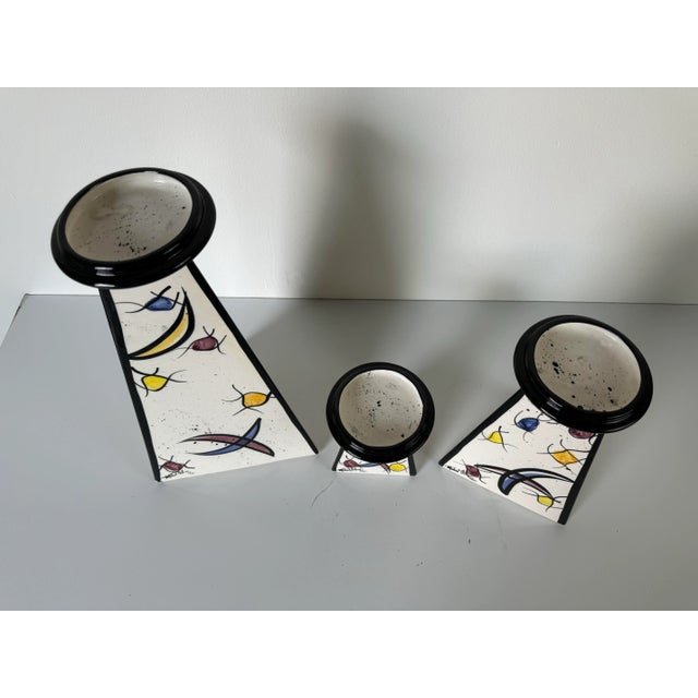 1990s Postmodern - Style Michael Anthony Hand Painted Art Ceramic Candle Holders - Set of 3/ Sold For Sale In Miami - Image 6 of 11
