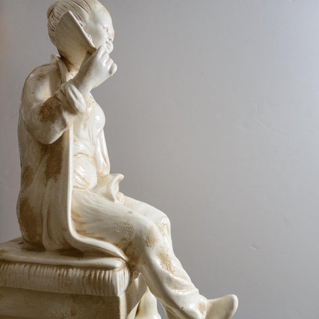 Italian Glazed Terracotta Chinoiserie Monumental Figures on Pedestals For Sale - Image 4 of 16