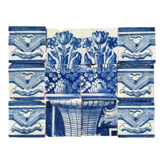 Antique 18th Century Portuguese Floral Still Life in a Wicker Basket Tile Panel For Sale