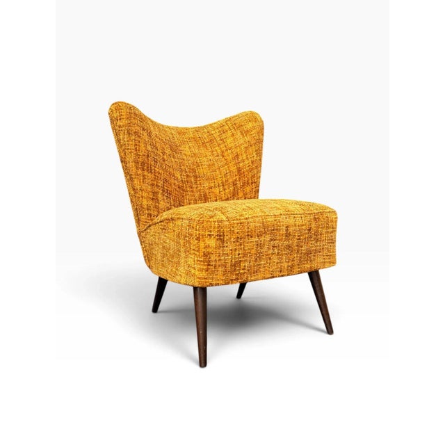 Gold Pair of Danish Modern Cocktail Chairs | Curved Winged Backs in Golden Mustard Tweed | Tapered Wood Legs | C. 1950s For Sale - Image 8 of 15