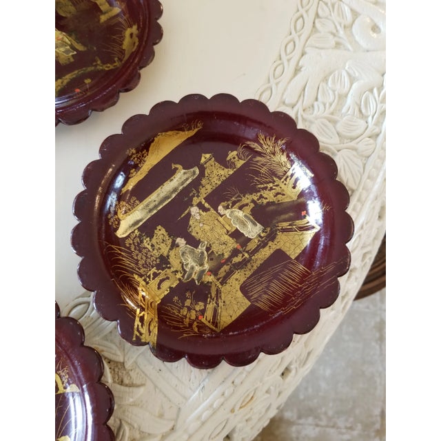 Burgundy Set of Four Antique English Chinoiserie Papier Mache Plates For Sale - Image 8 of 9