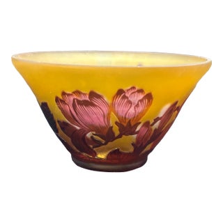 Emile Gallé (France 1846-1904) Cameo Glass Magnolia Bowl, Acid-Etched and Wheel-Carved Amber and Burgundy Glass, Signed Galle C. 1900 For Sale