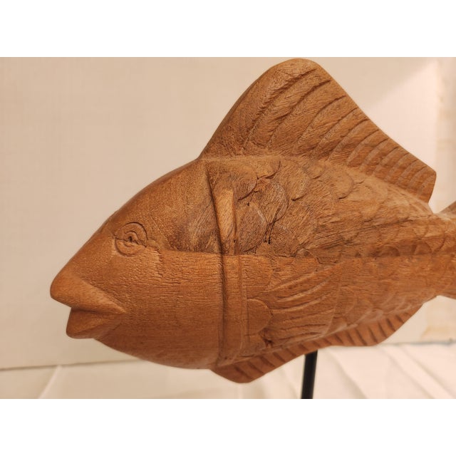 Late 20th Century Contemporary Elegant Carved Wooden Fish Float-Mounted on a Marble Stand For Sale - Image 5 of 13