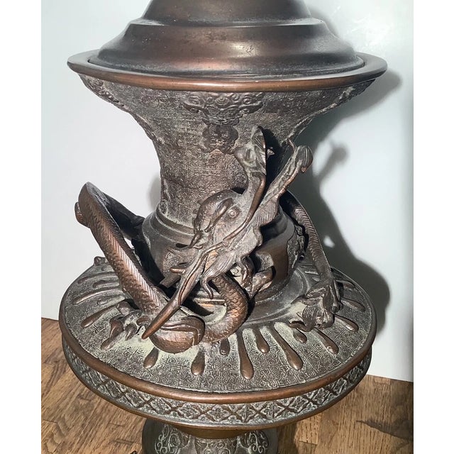 Japanese Antique, Signed, Japanese Bronze Vase/Lamp Circa 1880 Unique For Sale - Image 3 of 11