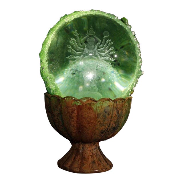Late 19th Century Buddhist Relic Sphere With Thousand-Hand Guanyin, 1540g, Green Crystal Ball For Sale