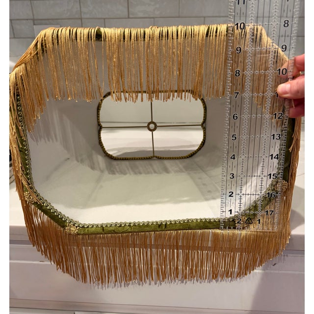 Unique Olive Velvet Lampshade With Smart Portrait Panel and Gold Fringe- And It Glows! For Sale - Image 4 of 8