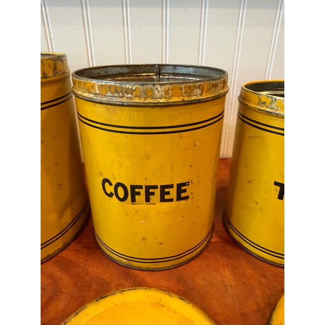 Early 20th Century Bright Yellow Enamel Flour, Sugar, Coffee & Tea Kitchen Canisters – Set of 4 For Sale - Image 10 of 17