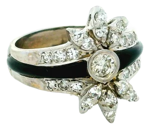 1940s Mid-Century Platinum Diamond & Onyx Starburst Ring — 1.15 Carats, Size 6.75