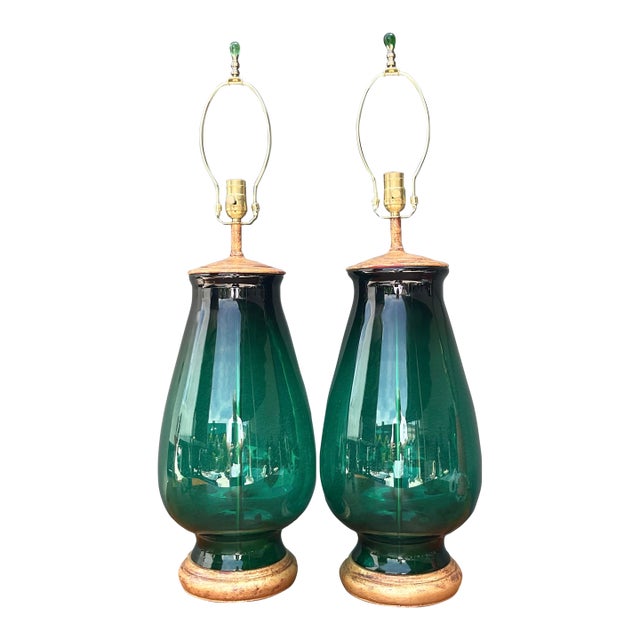 Vintage Emerald Glass Table Lamps - Set of 2 For Sale
