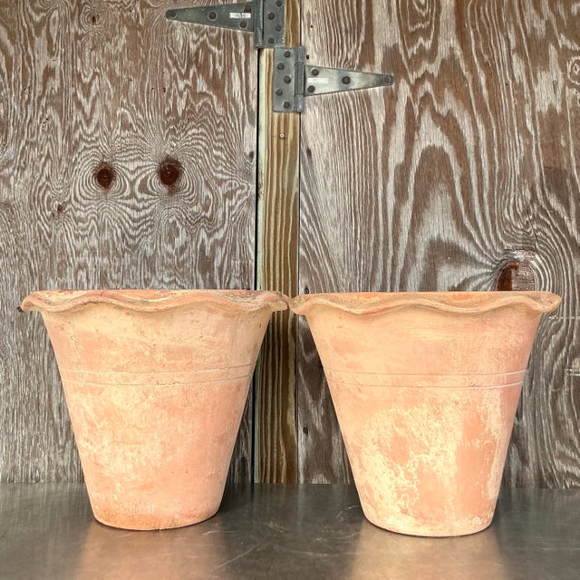 Enhance your space with this pair of vintage boho terra cotta over fiberglass planters. Combining the rustic charm of...