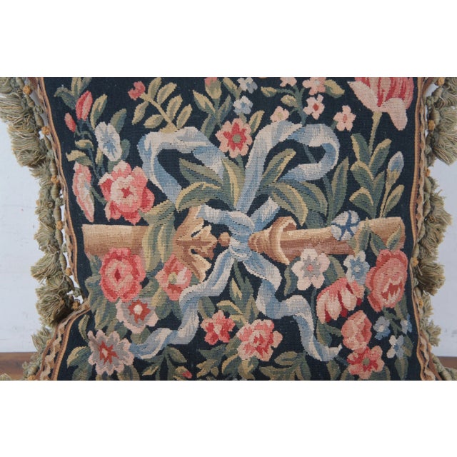 Textile Mid 20th Century French Embroidered Neoclassical Floral Ribbon Down Fill Lumbar Throw Pillow For Sale - Image 7 of 9
