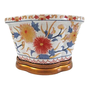 1990s Port 68 Porcelain Chrysanthemum Quatrefoil Planter With Wood Base