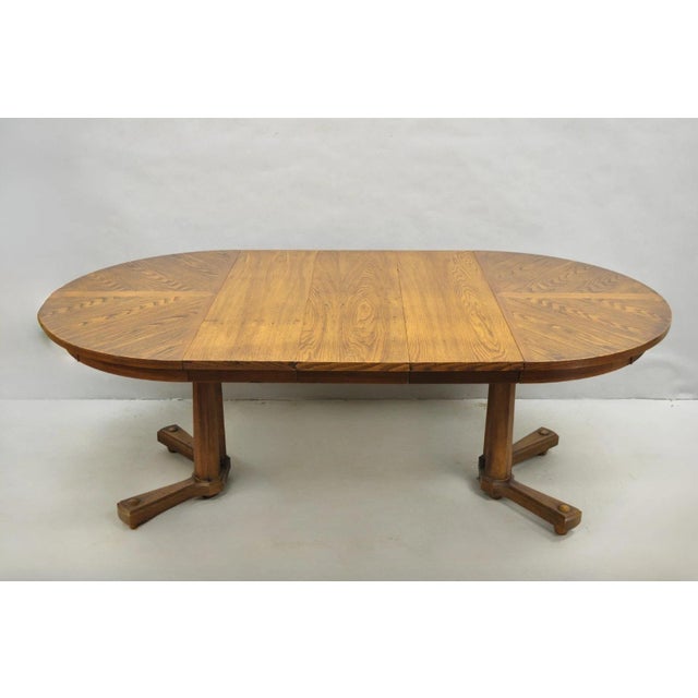 Vintage Mid Century Modern Oak Sunburst Round Extension Pedestal Dining Table For Sale - Image 13 of 18