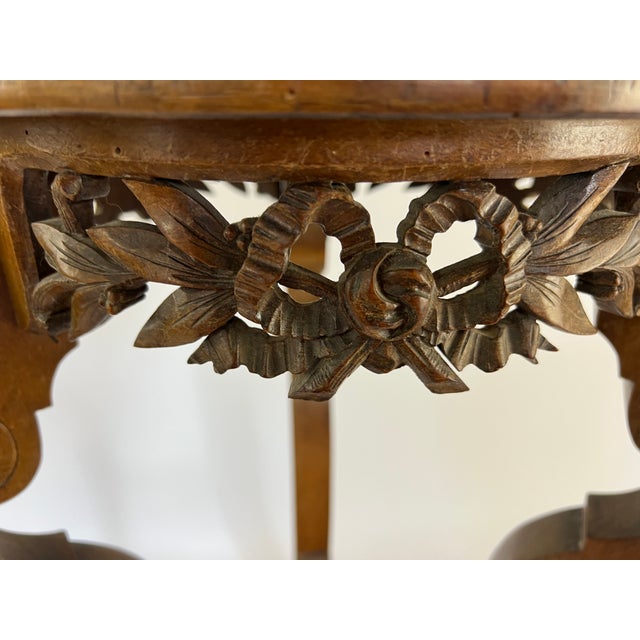 Brown Antique Side Table with Doe Shoe Legs, Carved Round Top & Garland of Flowers For Sale - Image 8 of 14