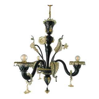 Black and Gold Murano-Style Venetian Glass Chandelier With Floral and Leaf Details For Sale