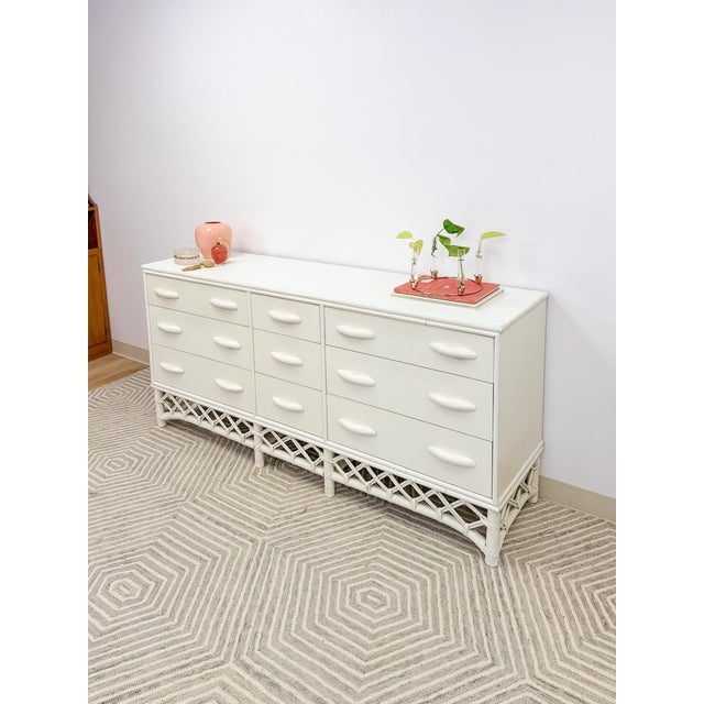 Vintage White Rattan 9-Drawer Dresser Old Florida Ficks Reed Style MCM Coastal For Sale - Image 9 of 14