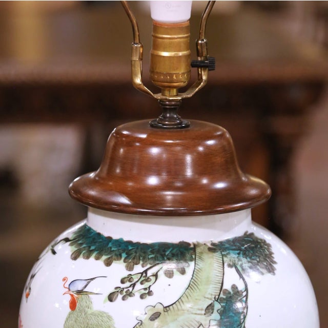 Pair of Mid 20th Century Chinese Famille Rose Porcelain Lamps With Birds, Flowers and Calligraphy For Sale - Image 9 of 14