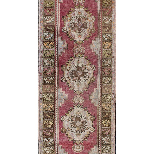 Berry Tri-Medallion Vintage Turkey Oushak Runner With Green, Orange and Brown 3'0" X 9'3" For Sale - Image 4 of 6