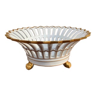 Reticulated Porcelain Basket With Gilt Detail and Lion Paw Feet For Sale