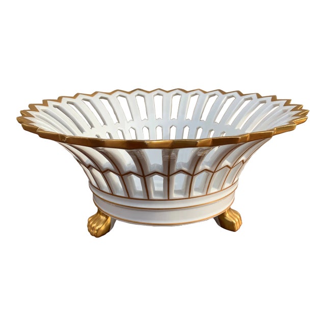 Reticulated Porcelain Basket With Gilt Detail and Lion Paw Feet For Sale