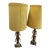 Vintage 1970s Hollywood Regency Brass Palm Tree Table Lamps – Pair With Amber Crystal Drops & Large Gold Fabric Shades For Sale