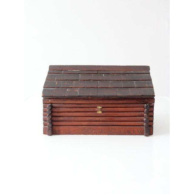 American Antique Folk Art Log Cabin Sewing Box For Sale - Image 3 of 17