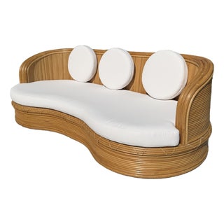 1980s Vintage Curved Pencil Reed Rattan Sofa, With New Sunbrella Upholstery For Sale