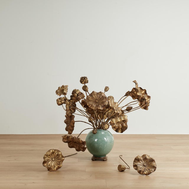 Vintage Bouquet of Carved Wood Lotus Leaves in a Celadon Vase For Sale - Image 9 of 11