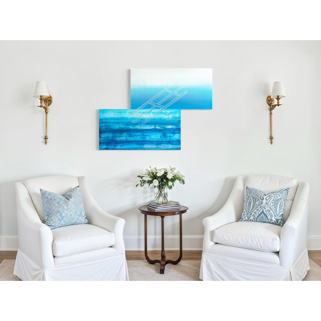 Contemporary Rebecca Koury Original "Floating Grid" Blue Green Grid Contemporary Abstract Painting, Acrylic on Canvas, Carmel California Art, 2021 For Sale - Image 3 of 3