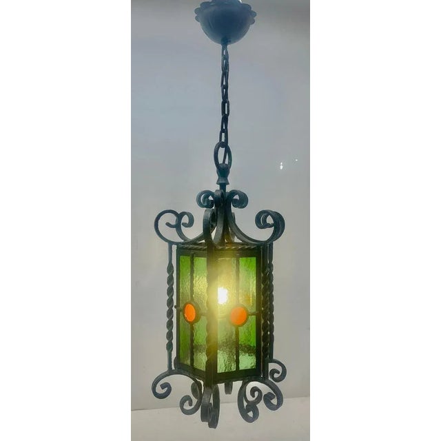 Arts & Crafts Forget and Colored Glass Pendant Lobby Lamp, 1930s For Sale - Image 9 of 11