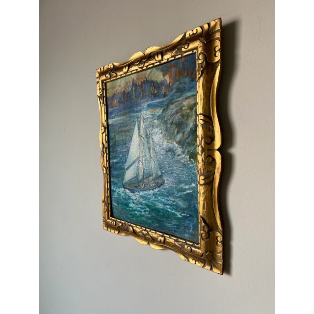 1960s 1960's Vintage Expressionist - Style Cityscape Boat Oil Painting, Signed For Sale - Image 5 of 13